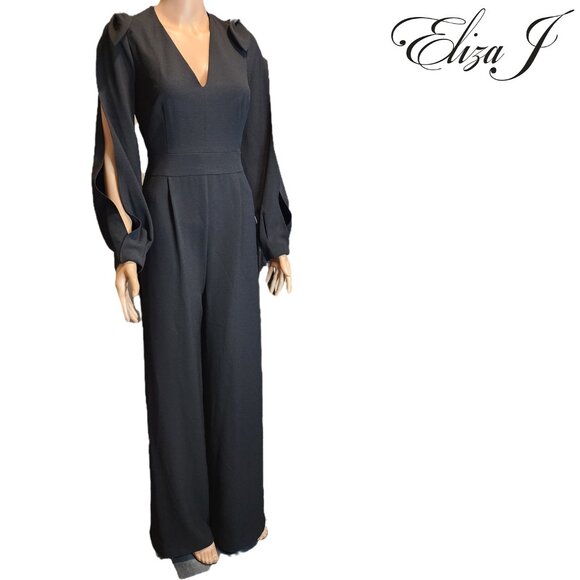 Eliza J Slit Sleeve Wide Leg Crepe Jumpsuit NWT Black Size 6 - Picture 1 of 13